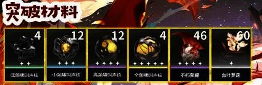 鸣潮角色突破材料界面截图，展示不朽荣耀与血叶荚莲图标