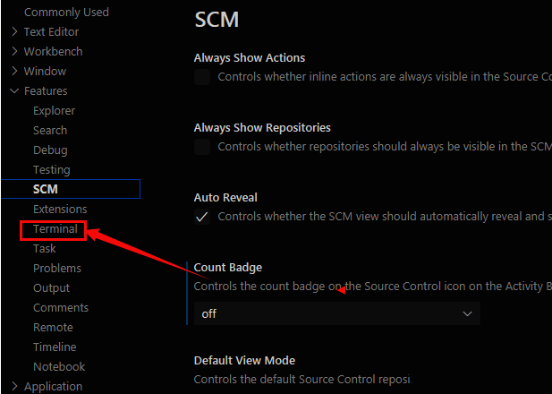 Terminal选项展开后的设置界面，展示inherit env选项