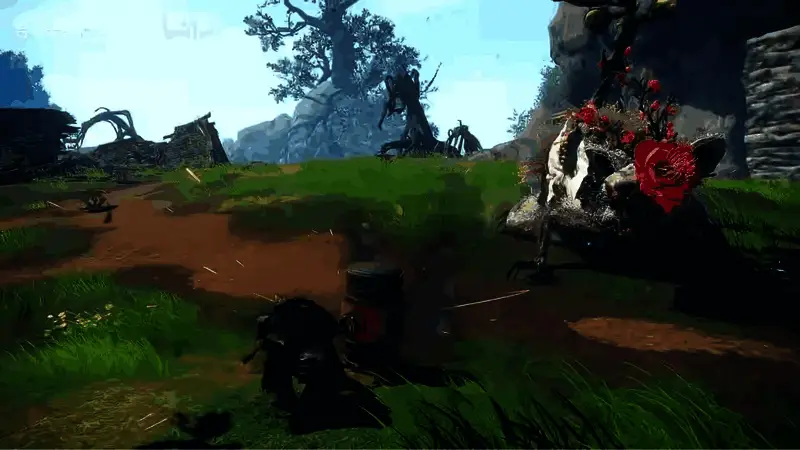 《狂野之心S》中角色手持槌武器迎战巨型怪兽，战斗场面激烈