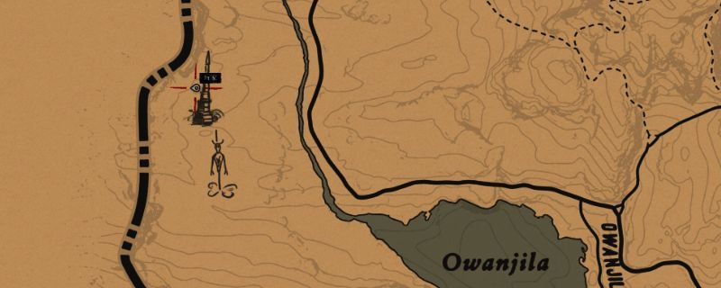 荒野大镖客2富饶地标藏宝图第一处标记点，位于欧万吉拉湖左上方