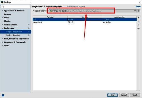 Project Interpreter页面显示当前版本为Python 3.7，界面简洁明了