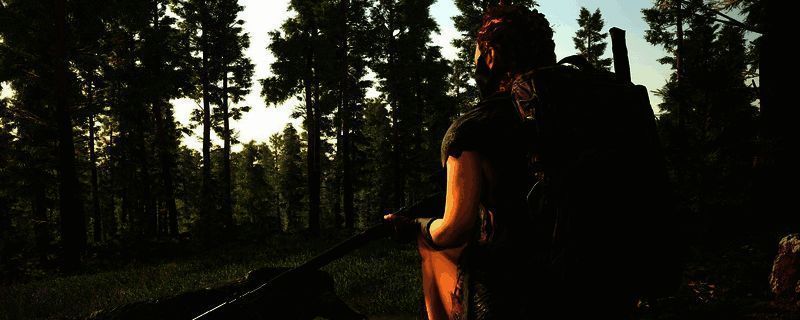 《人渣》游戏界面展示角色手持武器在野外探索的场景，画面写实，氛围紧张