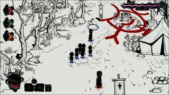 玩家用手指绘制血色魔法阵，周围环绕着呆萌但诡异的信徒，背景是扭曲的空间