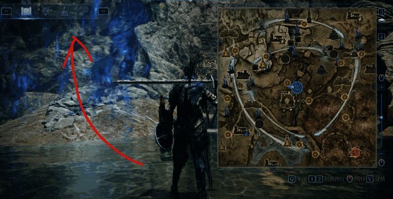 角色从气流位置向左前方跳跃至高台的示意图，标注了安全落点