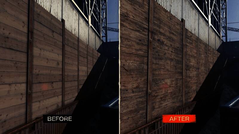 游戏中的城市废墟场景在新版光影下呈现更真实的效果，建筑物表面材质更加细致