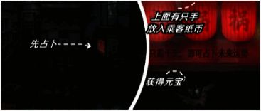 占卜界面展示元宝道具，背景为昏暗的便利店内部