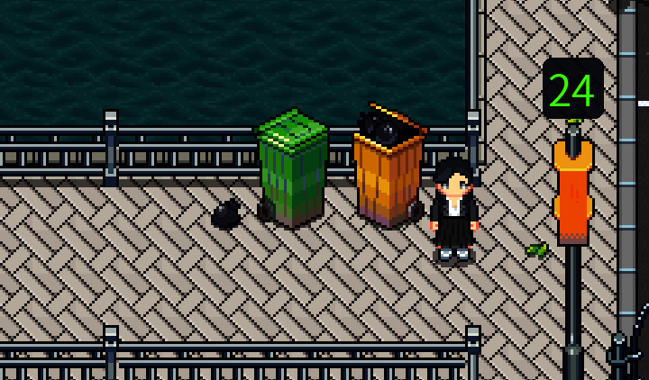 游戏中玩家角色正在翻找垃圾桶的场景，画面风格轻松幽默