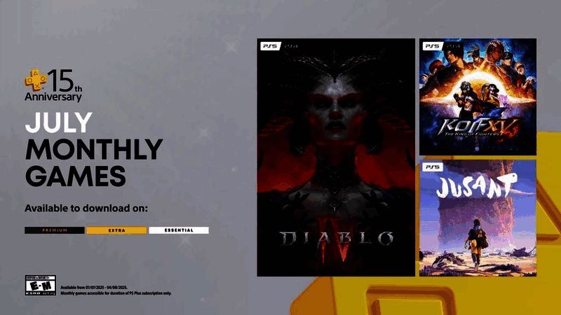 PS Plus 七月免费游戏封面拼图，包含《暗黑破坏神4》《拳皇15》《Jusant》