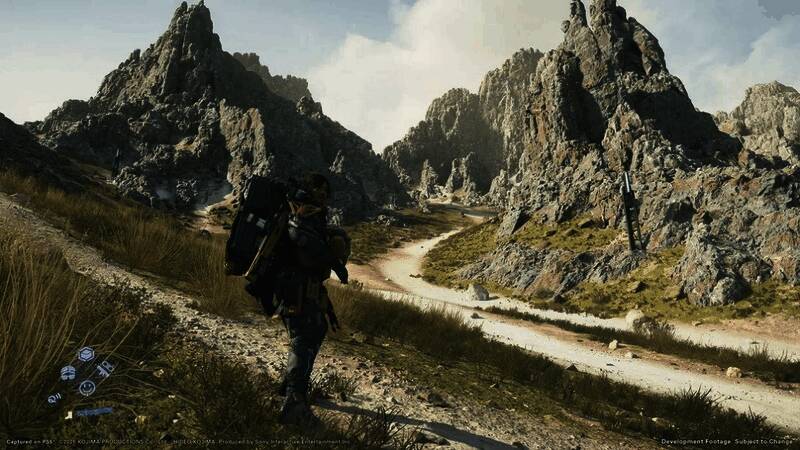 《死亡搁浅2》游戏实机截图，主角穿越废墟场景，环境逼真细腻