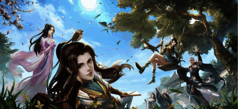 游戏内春季活动场景展示，角色立绘精美，背景如梦似幻