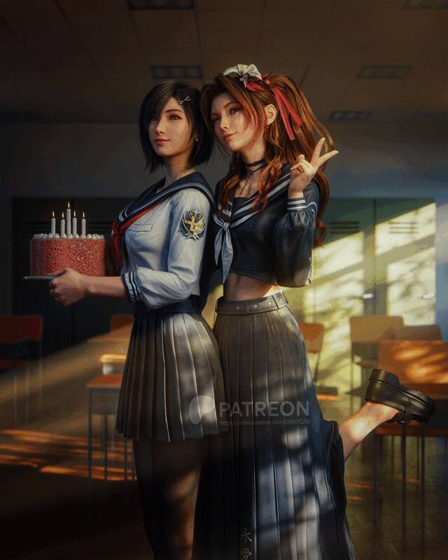 多角度展示蒂法全身造型，水手服细节与发丝飘动栩栩如生