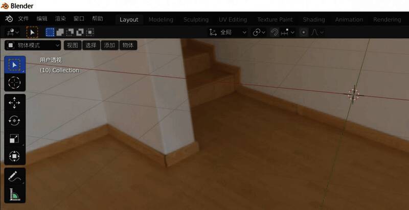 Blender主界面截图，展示标准初始布局及工具菜单