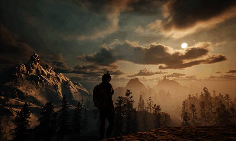 游戏中森林与山脉交错的广阔地图画面，光影效果逼真