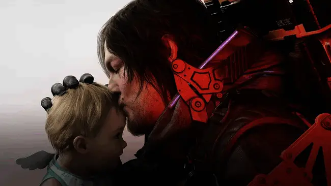 小岛秀夫在会议室中展示《死亡搁浅2》的游戏封面，背景为电子屏幕