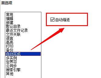 自动完成设置页面截图，自动缩进选项已被勾选