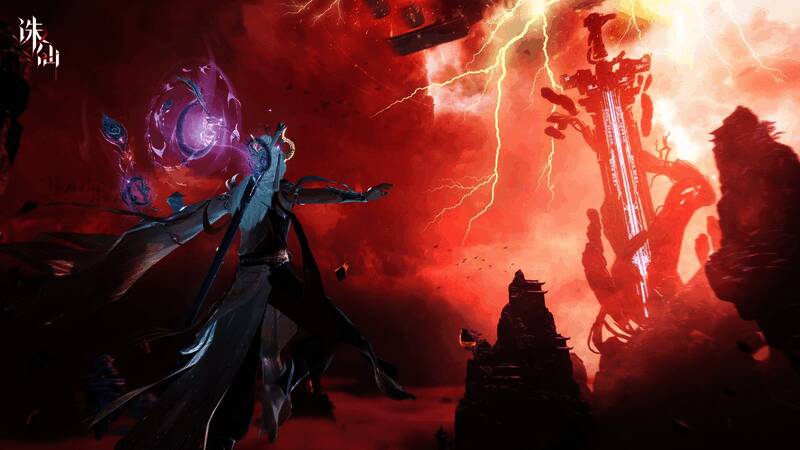 玩家角色集体合影，背景为恢弘仙门全景