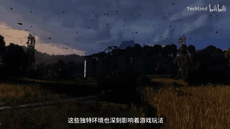 游戏截图：玩家攀爬至屋顶边缘，远处可见连绵山脉与雾气缭绕的森林地带