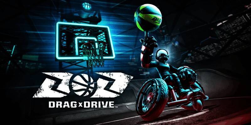 《Drag x Drive》游戏界面展示轮椅篮球对战场景，角色操控灵活