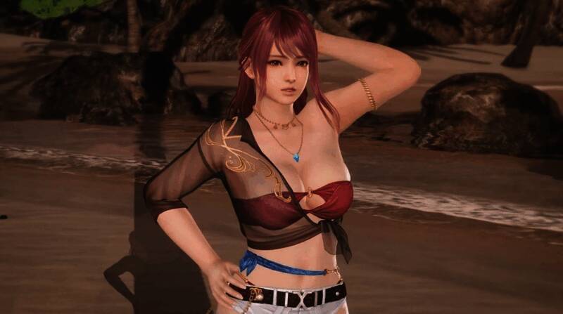 梓Azusa身穿运动装摆出自信姿势，背景是阳光明媚的海滩场景