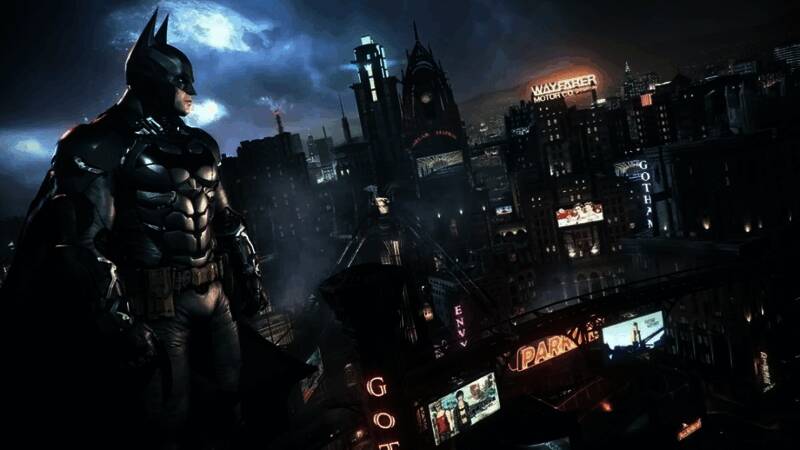 蝙蝠侠站在高楼边缘俯瞰哥谭夜景，城市灯火璀璨，气氛神秘