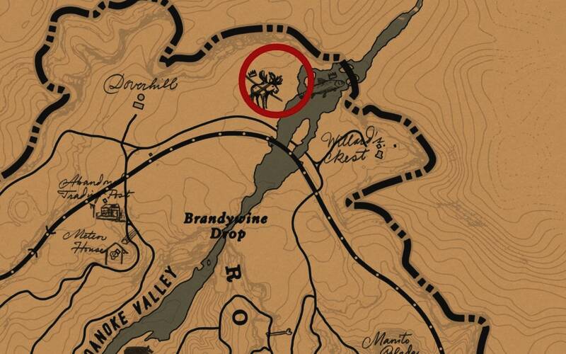 游戏地图上标记出传说驼鹿的具体位置，位于地图右上角