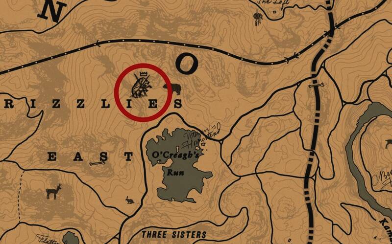 地图截图标注了传说灰熊巴拉蒂的具体位置，在格里兹山脉老兵小屋左上方