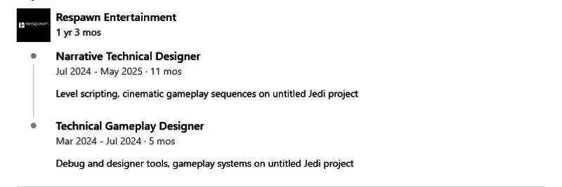 Respawn团队内部开发画面，显示游戏编辑器界面与角色动作测试场景