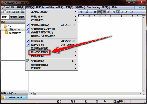 EditPlus显示空白字符子菜单界面截图