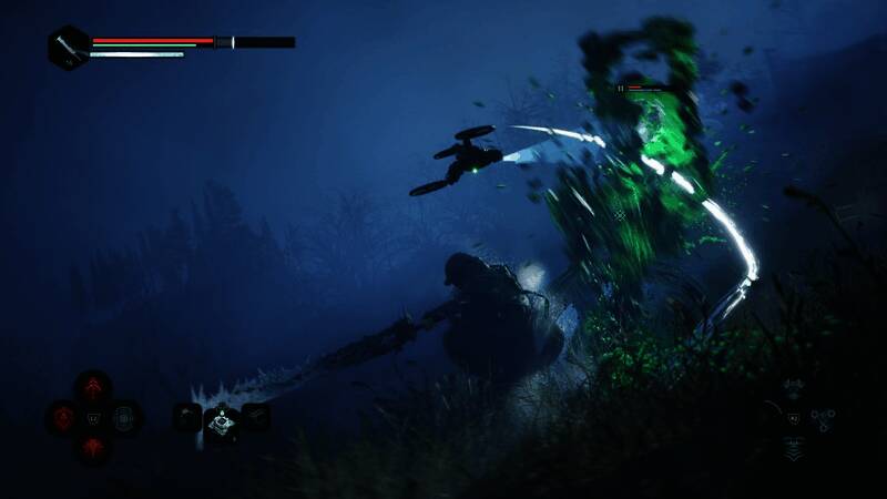 游戏封面风格暗黑，展现主角手持武器在废墟中前行的画面