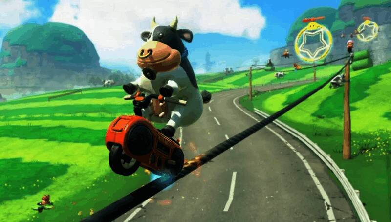 游戏角色服装与车辆设计展示，色彩搭配和谐，整体风格圆润可爱