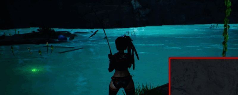 绿洲钓鱼场景，水面波光粼粼，角色手持钓竿静静等待