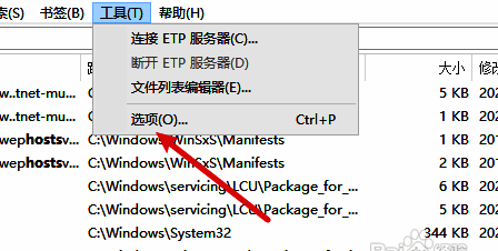 工具下拉菜单中的选项按钮位置示意图