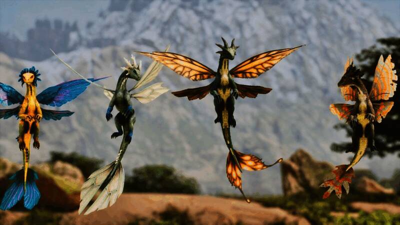 四种季节形态的幼龙并排展示，每种形态具有不同颜色与特效