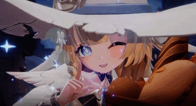 菲比角色立绘全身展示，背景为神秘科技风格的城市景观