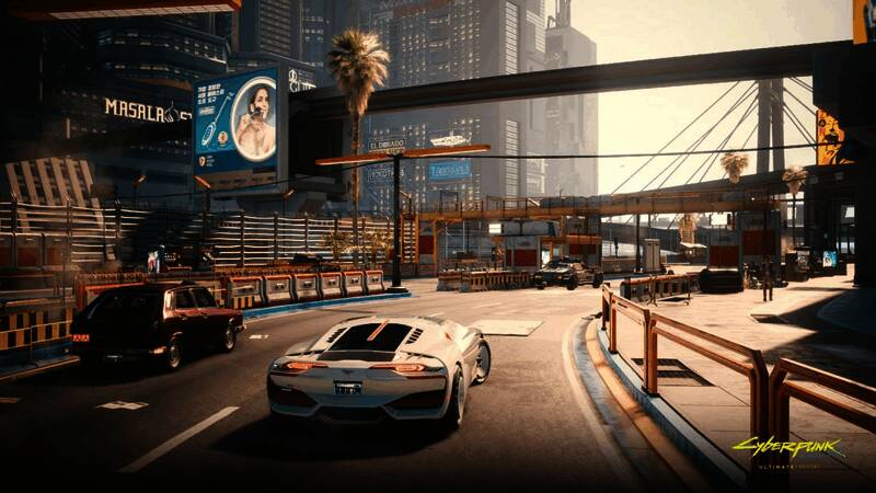 游戏内角色在高科技城市环境中穿梭，背景是霓虹闪烁的夜之城