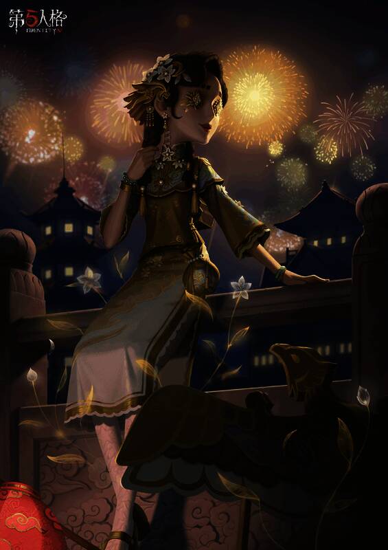 玩具商-花千树身着旗袍，手持灯笼，背景是绚丽的烟花夜空