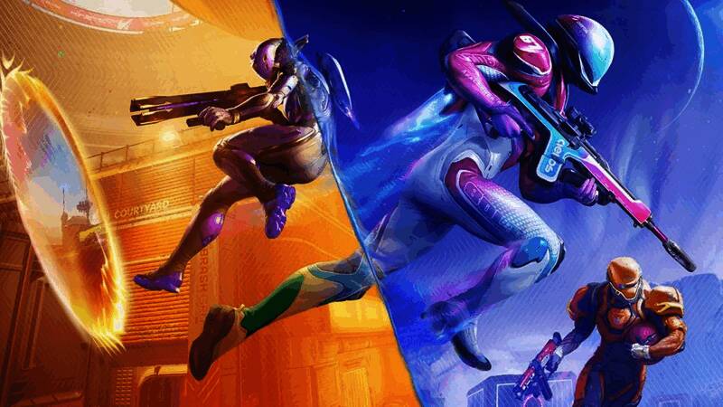 1047 Games团队成员工作照，背景可见《分裂之门2》相关设计图与开发设备