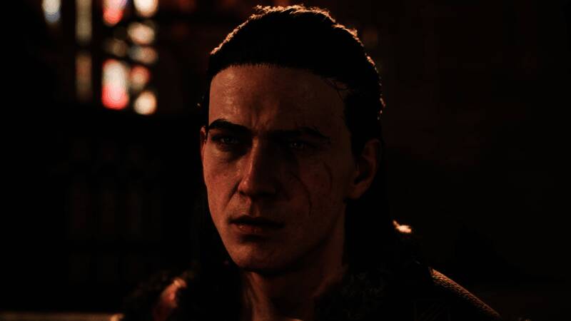 游戏主角科恩身穿斗篷，手持短刃，背景为一座古老的石质建筑，整体画面充满黑暗奇幻风格