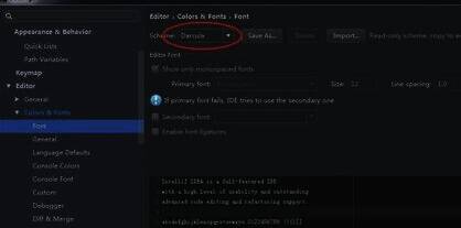 IntelliJ IDEA 设置界面，显示字体和颜色选项