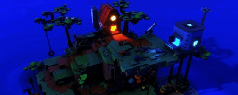 乐高旅行者游戏封面展示，两位角色站在奇幻岛屿上，背景有巨大的传送门