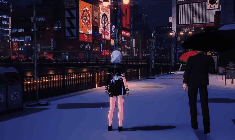 异环下雪场景，积雪覆盖街道，角色行走留下脚印