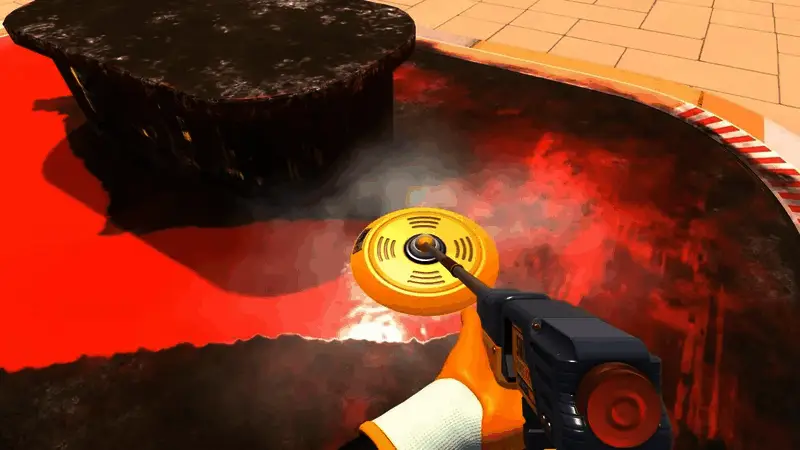 游戏内角色操控清洁设备进行高空作业，背景为未来都市场景