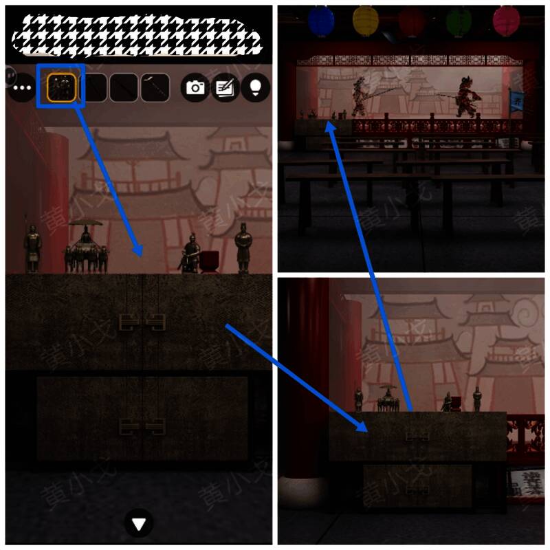 放置兵马俑雕塑的柜子特写，柜面雕刻精美花纹与凹槽结构