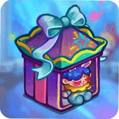 游戏中角色手持七彩礼物盒，背景为梦幻星空风格的场景