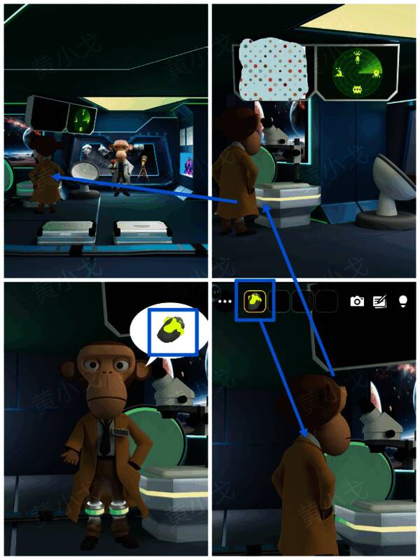 黄色防护服猴子特写，手持发光平板设备等待交互