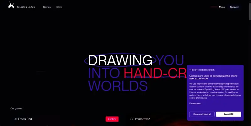 Thunder Lotus Games官网截图，界面简洁，左侧为公司Logo，右侧展示多款游戏缩略图