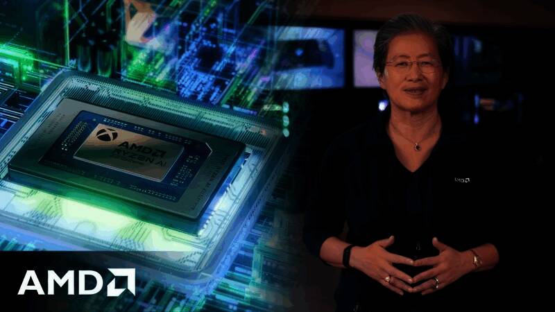 AMD CEO苏姿丰公开演讲画面，背景展示Xbox与ROG Ally掌机
