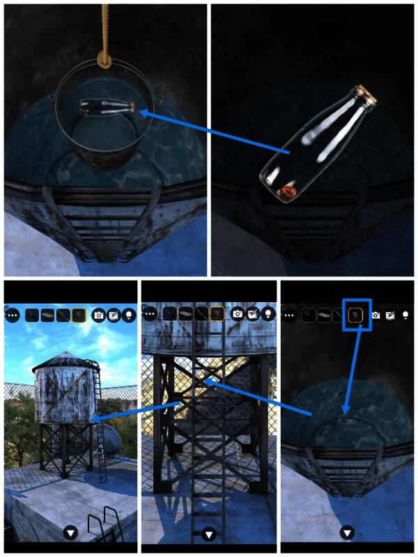 角色用水桶从天台水箱中打捞物品的场景画面