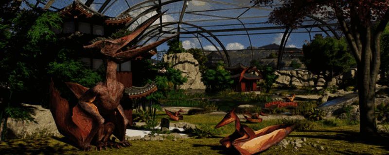 游戏场景中一只霸王龙威风凛凛地站在岛屿中央，背景是广阔的热带雨林与园区设施
