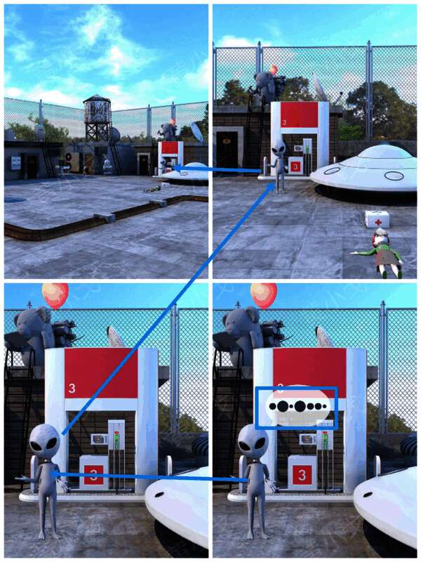 造型奇特的外星人正用发光眼睛注视着玩家，背景有明显的圆形图案装饰